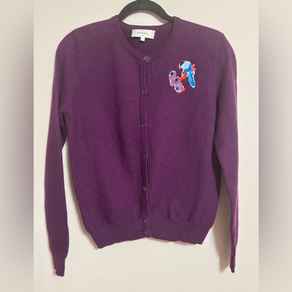 Carven Purple Wool Cardigan with Colorful Embroidery